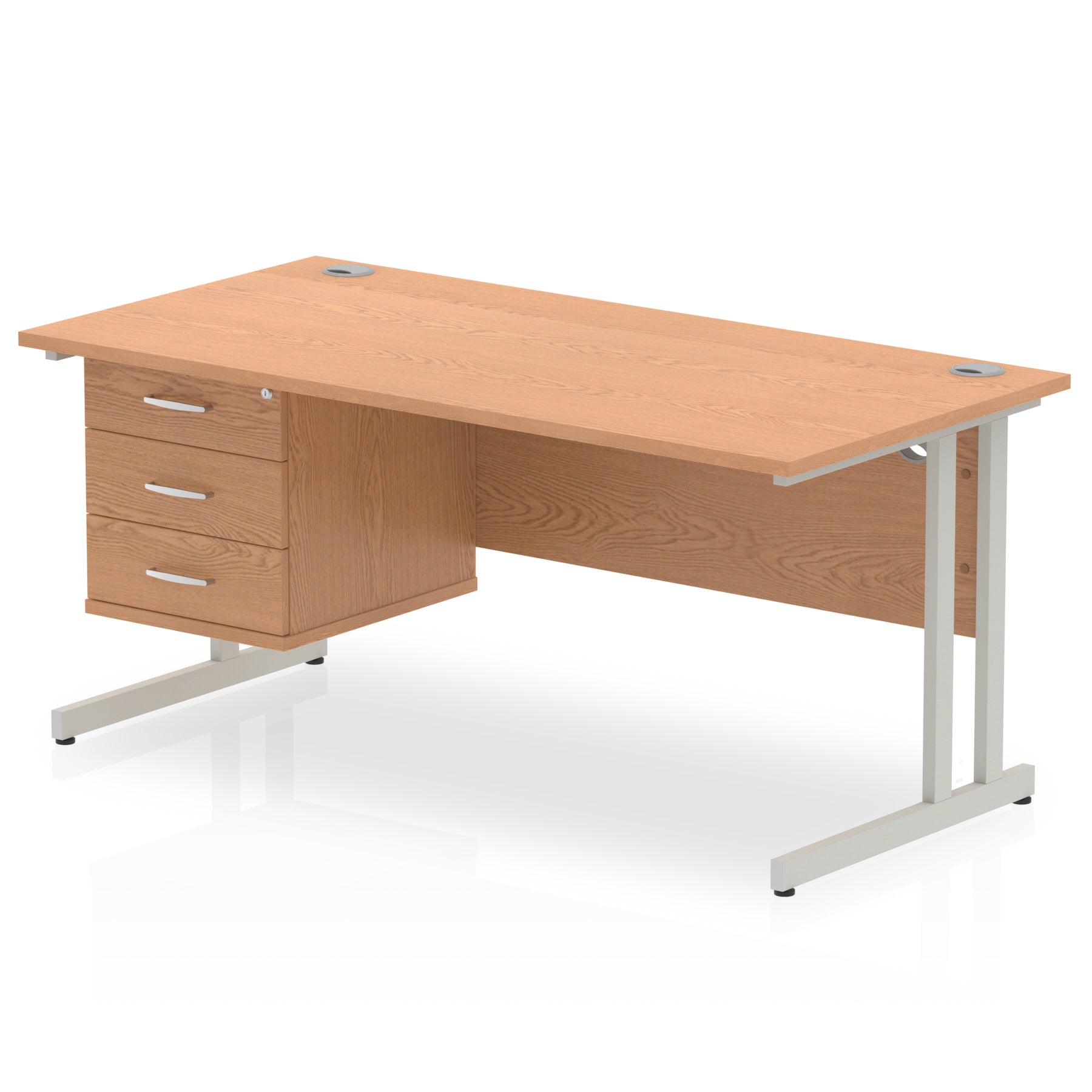 Wood-effect office desk with drawers and metal legs on a white background