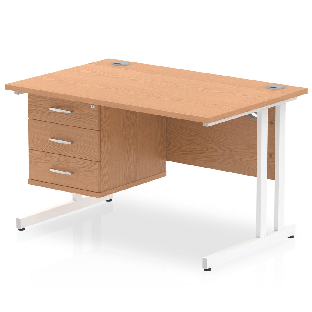 Office desk with wood-effect top and fixed pedestal with metal frame on a white background 