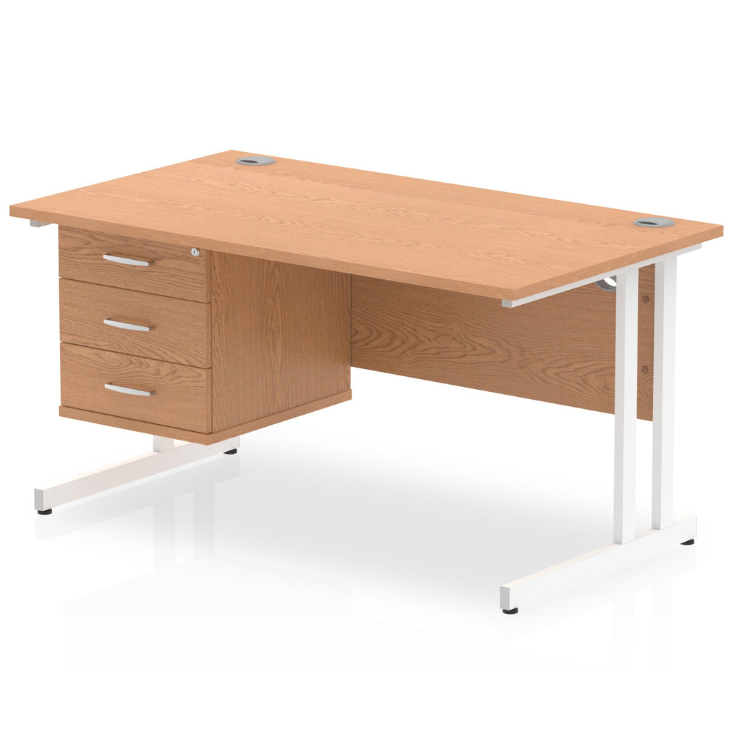 Wood-effect office desk with fixed pedestal and metal legs on a white background