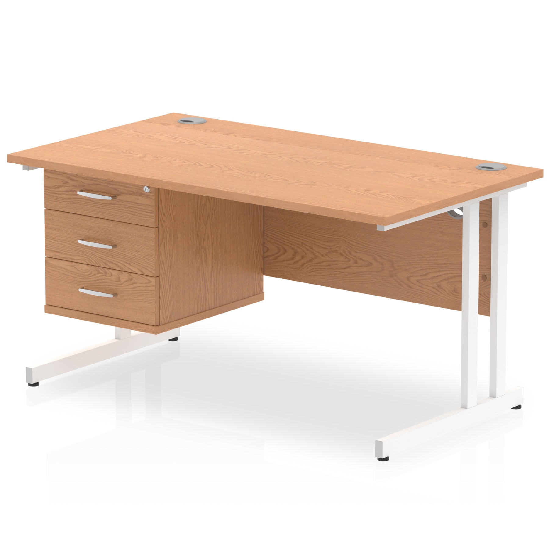 Wood-effect office desk with fixed pedestal and metal legs on a white background
