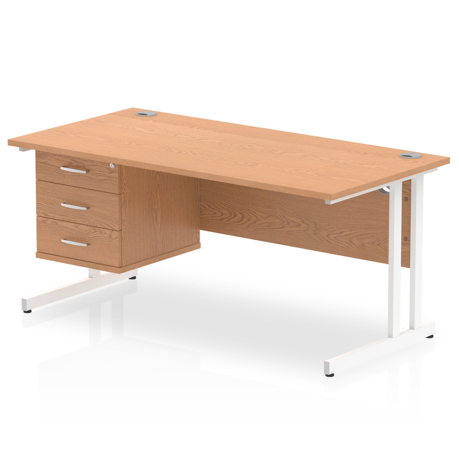 Wood-effect office desk with drawers and metal legs on a white background