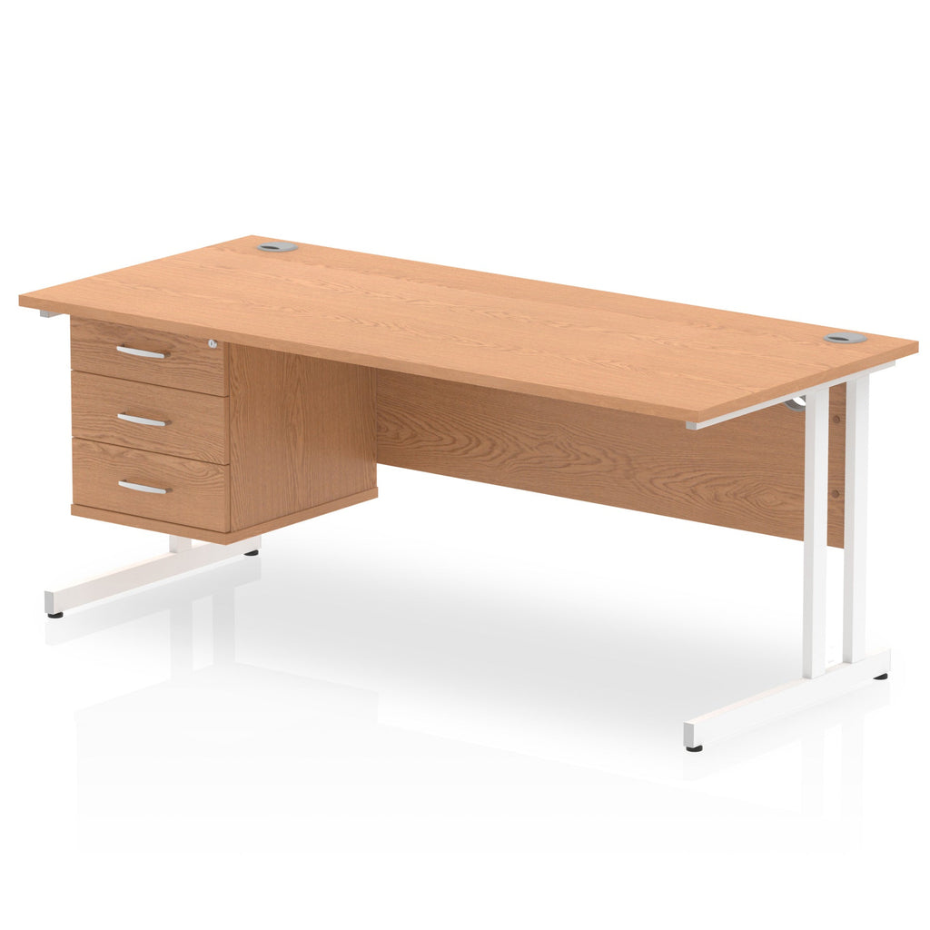 Office desk with wood-effect top, matching drawers and metal legs on a white background