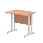 Wood-effect desk with cantilever metal legs on a white background