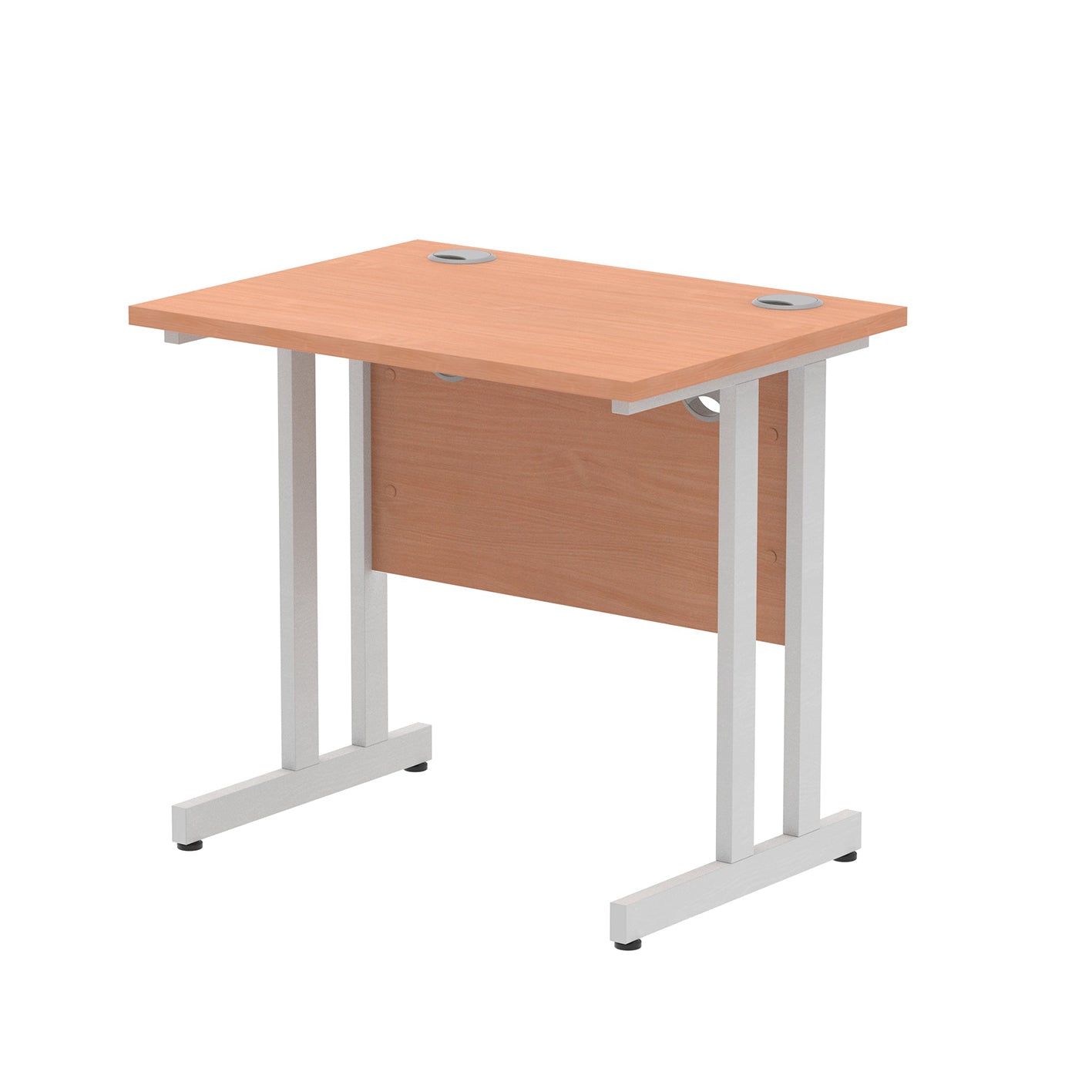 Wood-effect desk with cantilever metal legs on a white background