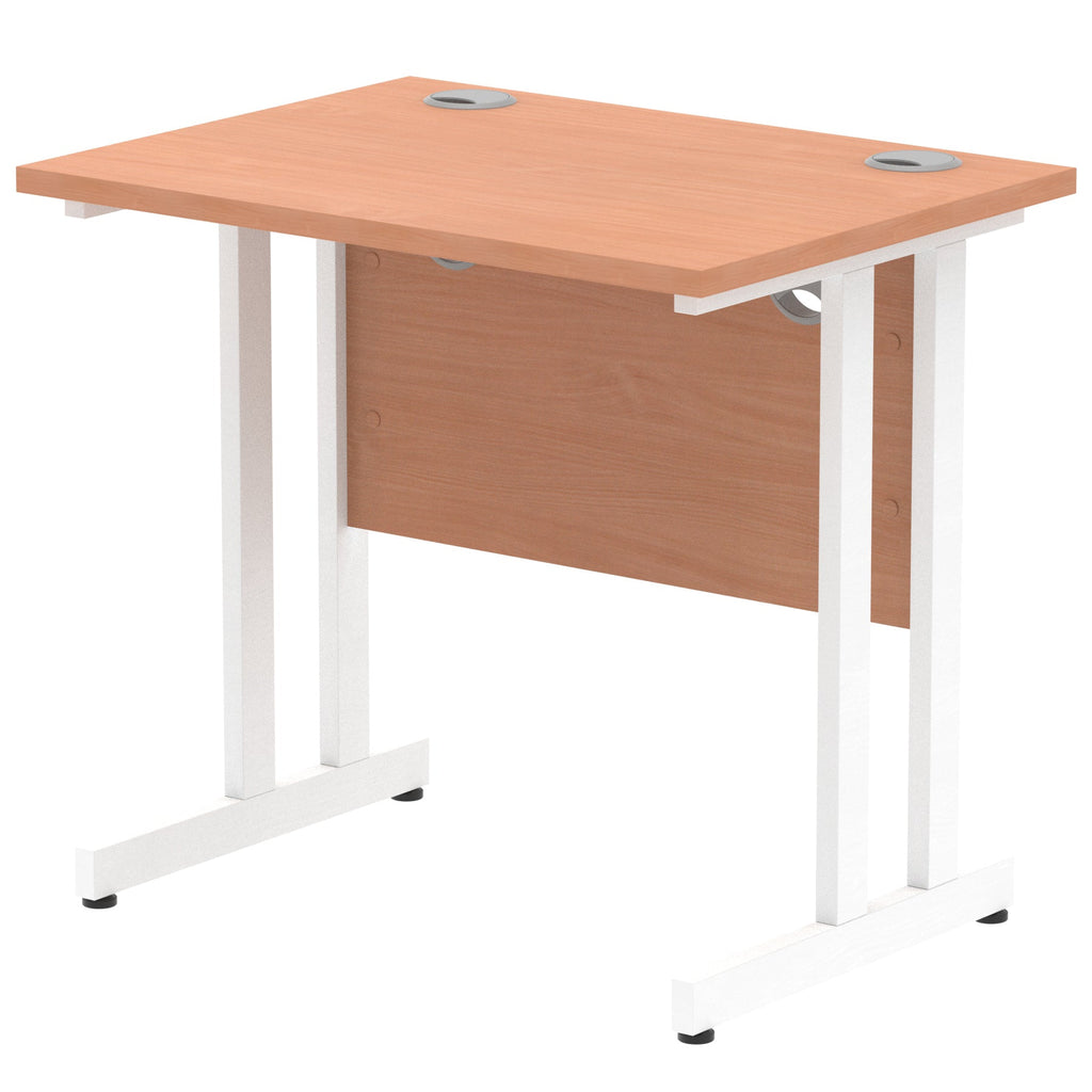 Wood-effect desk with cantilever metal legs on a white background