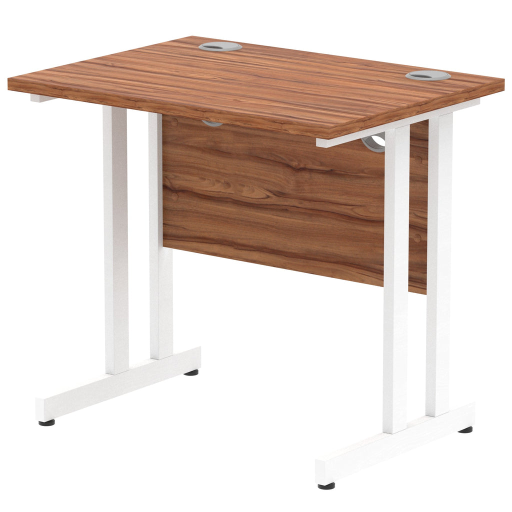 Wood-effect desk with cantilever metal legs on a white background
