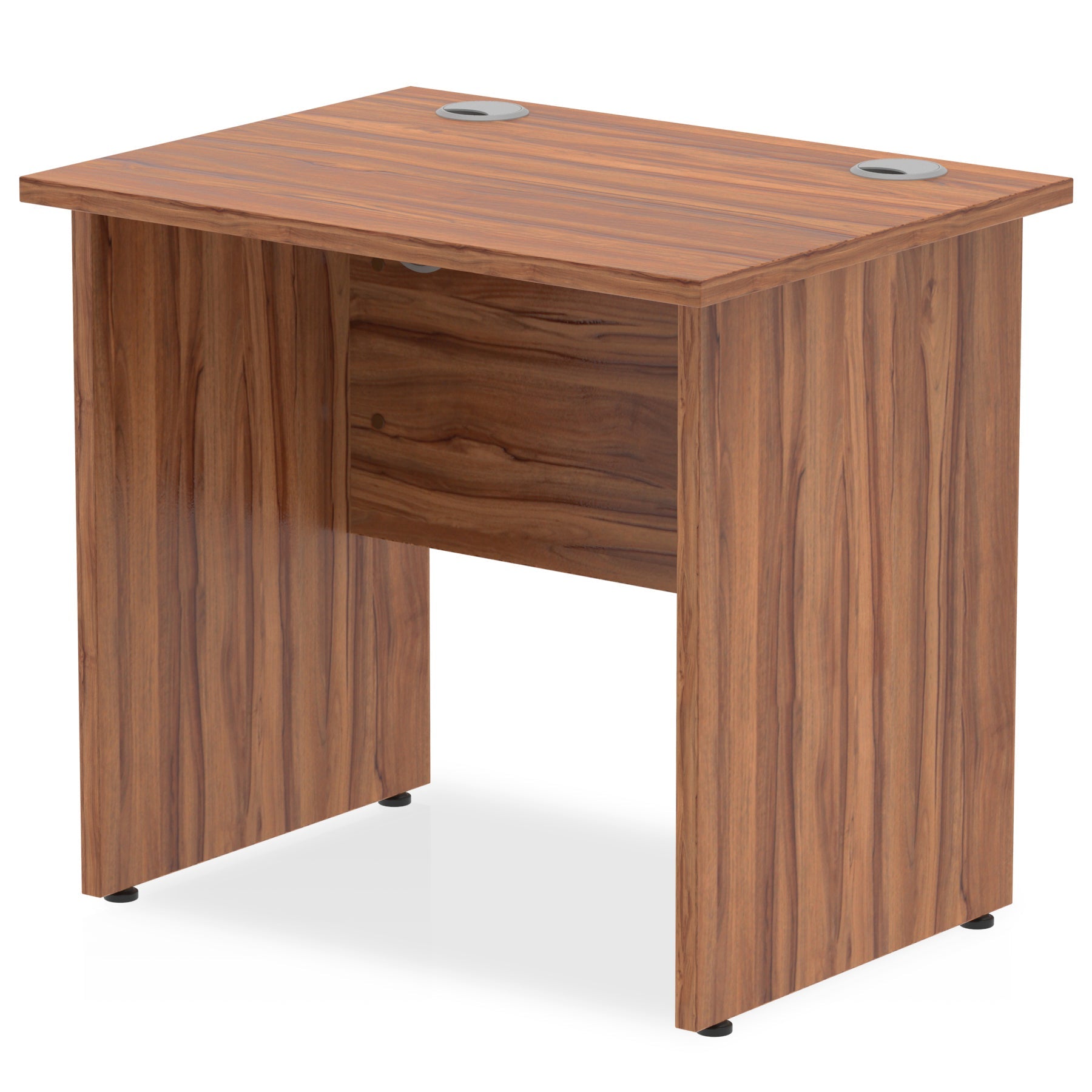 Panel end wood-effect desk with a white background