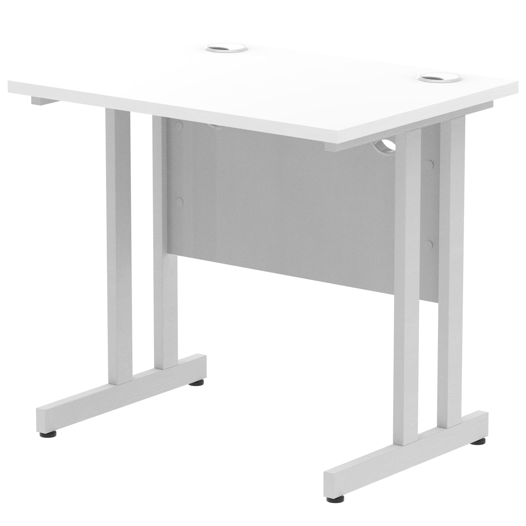 White desk with cantilever metal legs on a white background