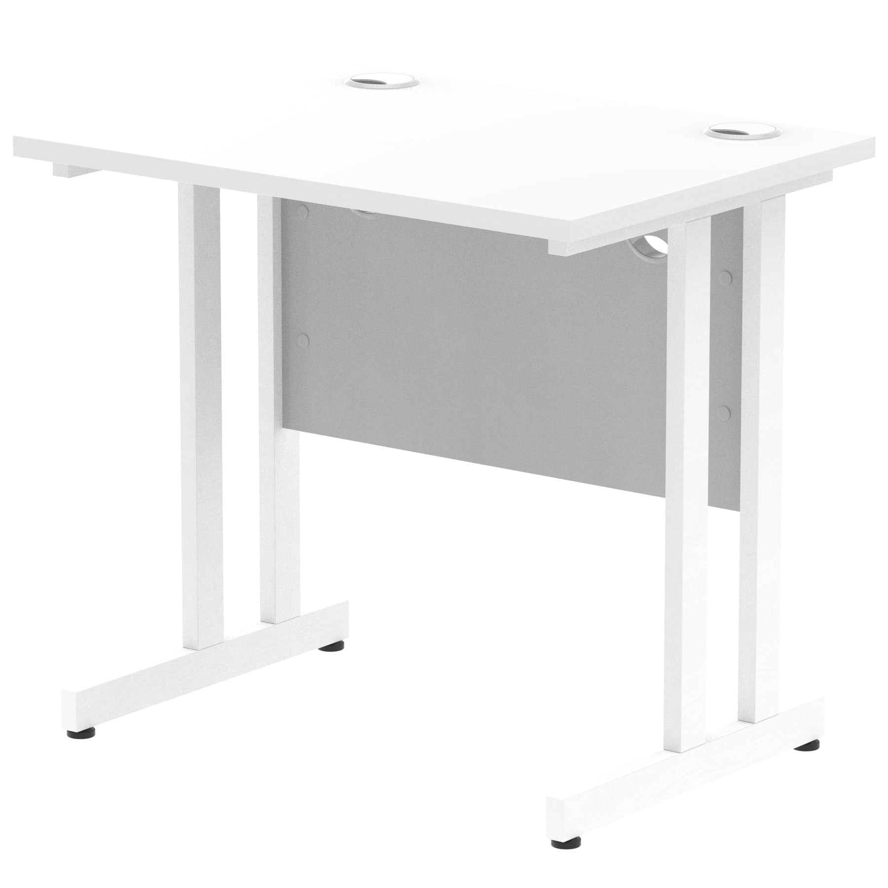 White desk with cantilever metal legs on a white background