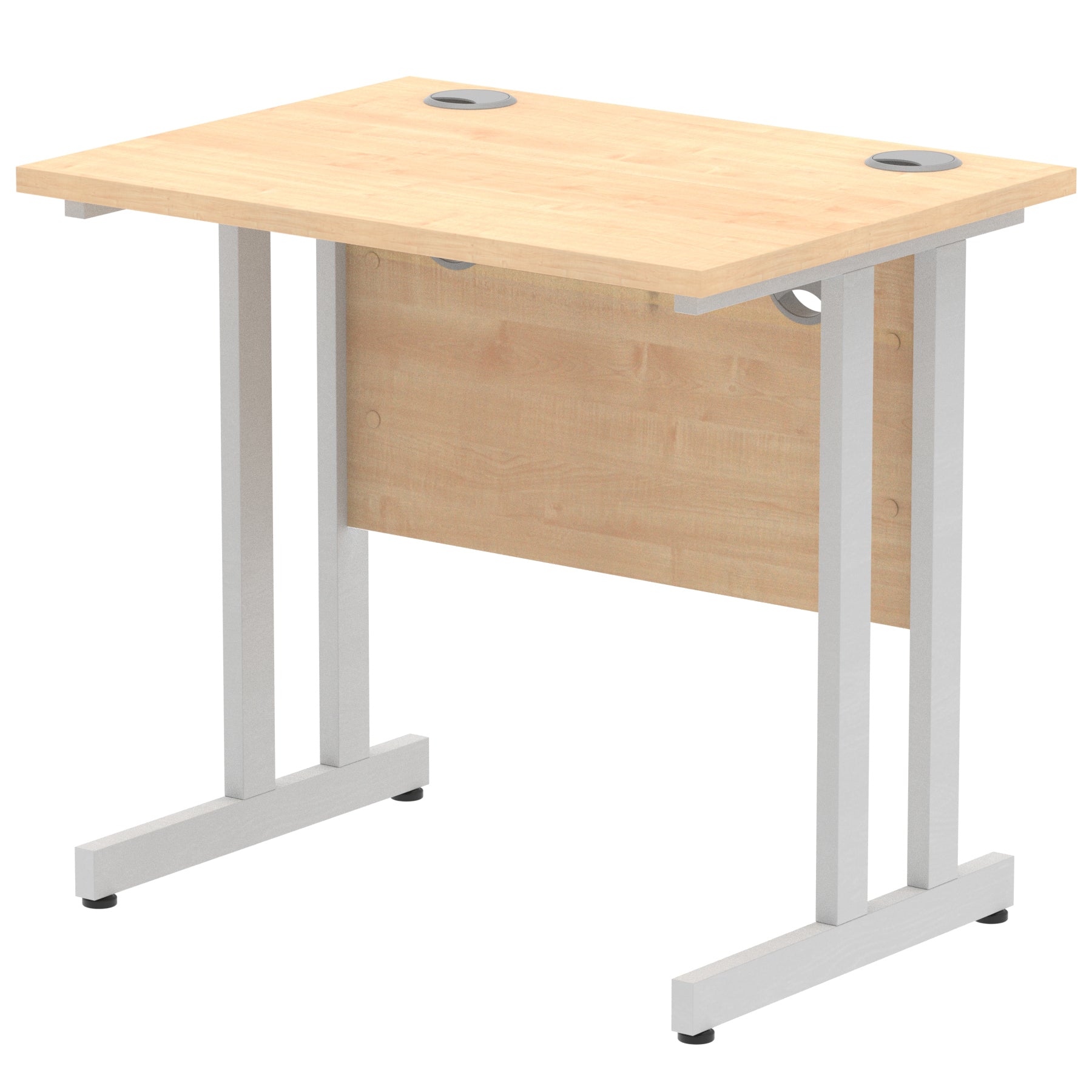 Wood-effect desk with cantilever metal legs on a white background