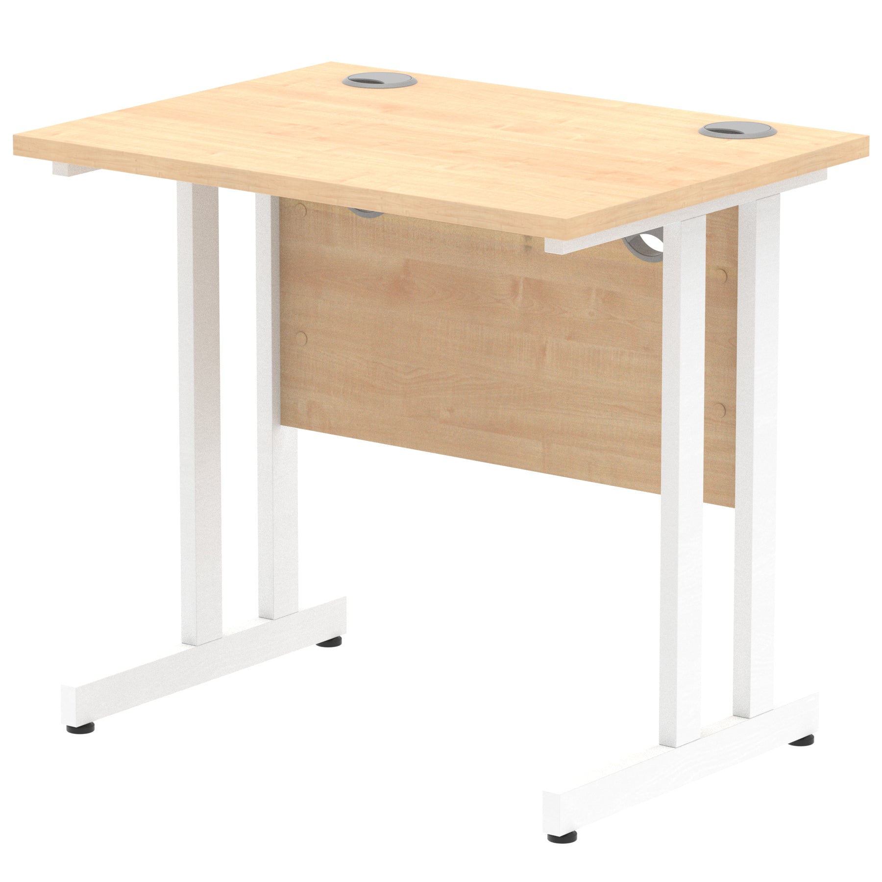 Wood-effect desk with cantilever metal legs on a white background