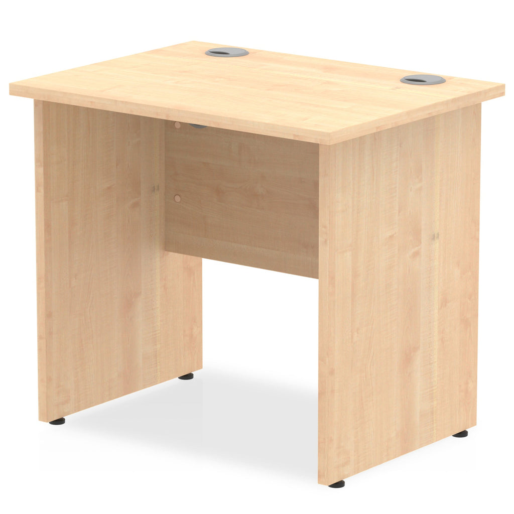 Panel end wood-effect desk with a white background