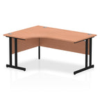  L-shaped desk with wood-effect top and metal legs on a white background