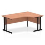 Wood-effect L-shaped desk with metal legs on a white background