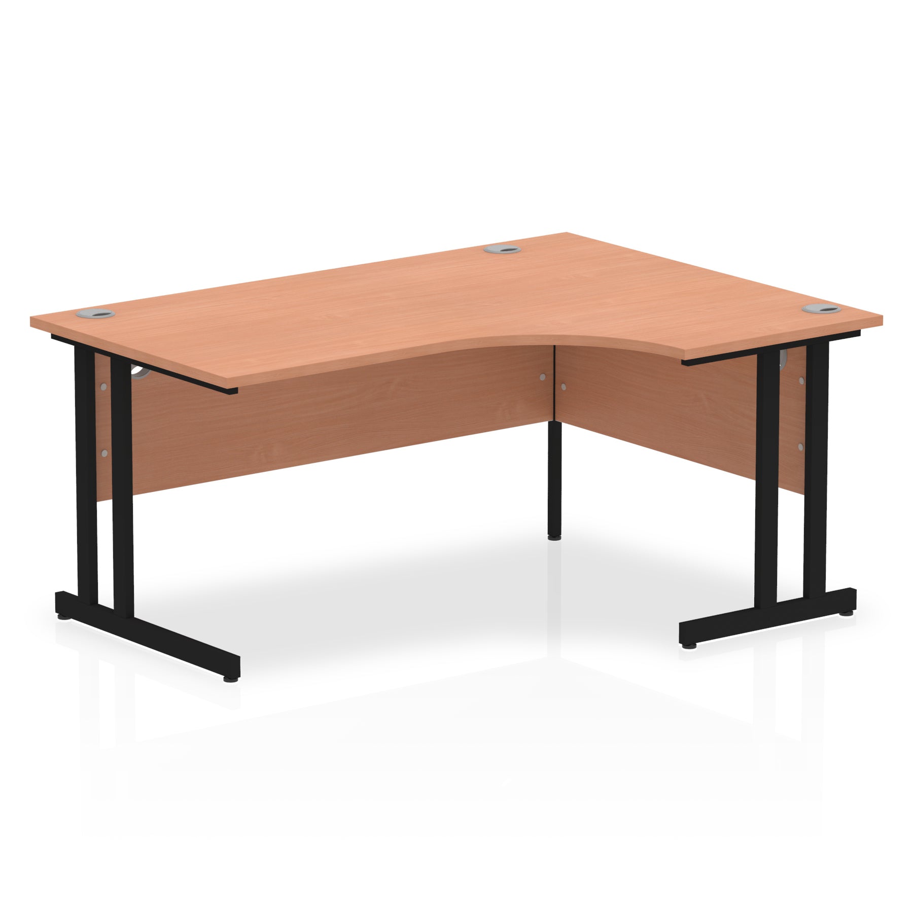 Wood-effect L-shaped desk with metal legs on a white background