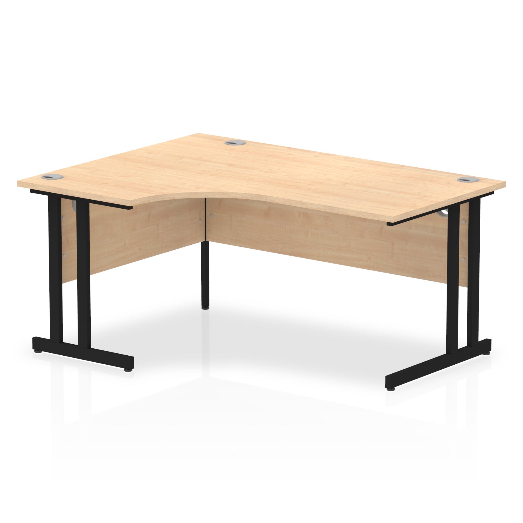  L-shaped desk with wood-effect top and metal legs on a white background
