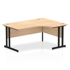 Wood-effect L-shaped desk with metal legs on a white background