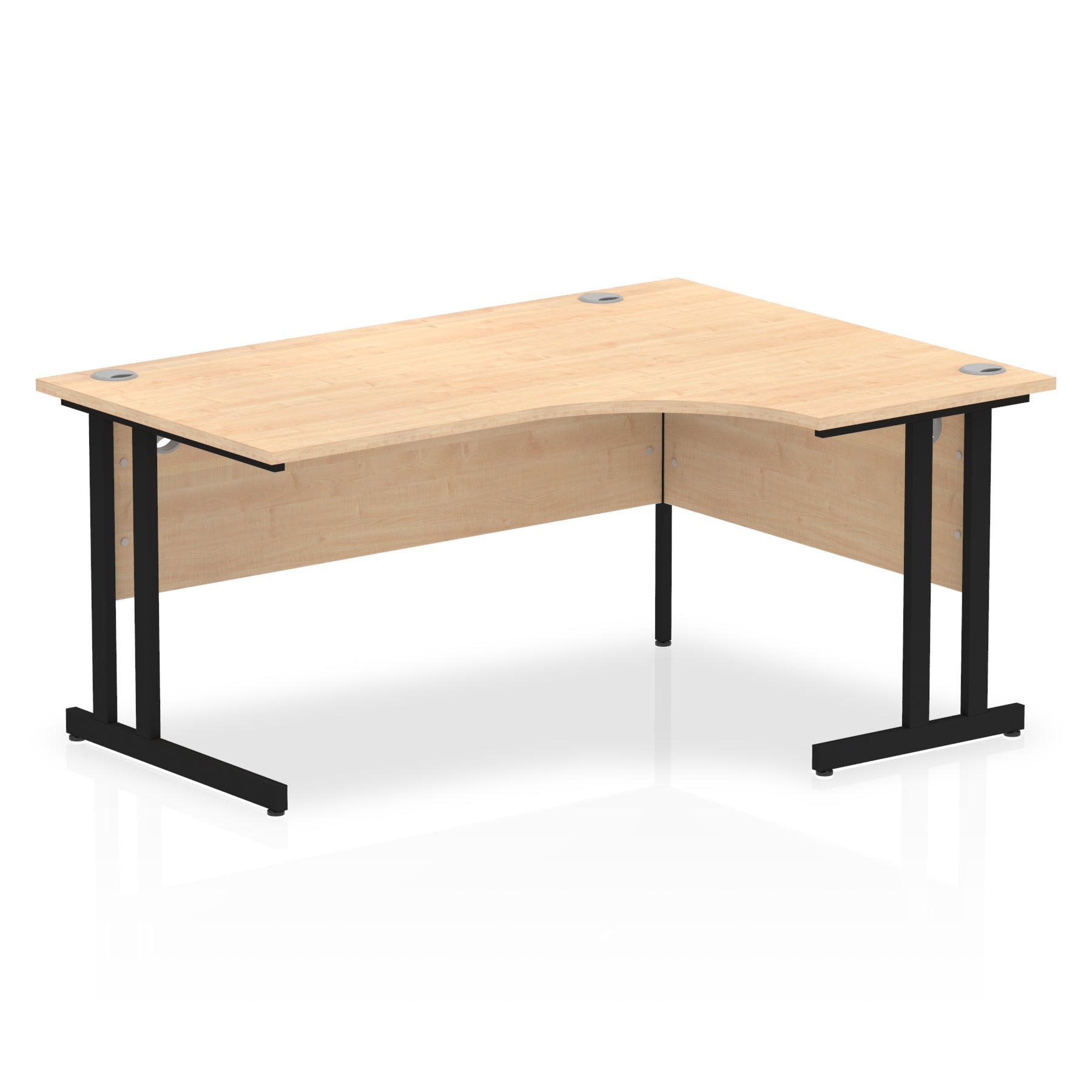 Wood-effect L-shaped desk with metal legs on a white background