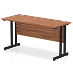Rectangular desk with wood-effect top and metal frame on a white background