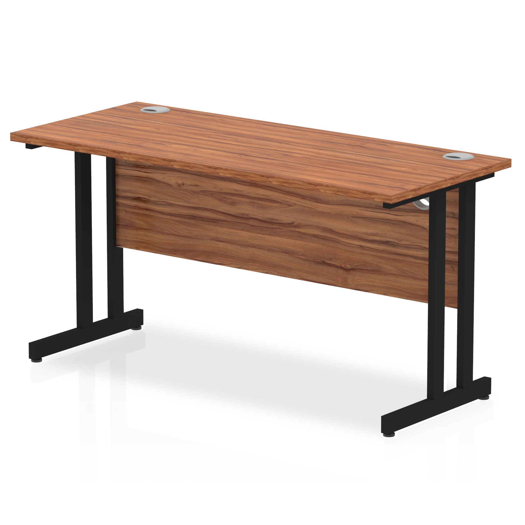 Rectangular desk with wood-effect top and metal frame on a white background