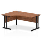  L-shaped desk with wood-effect top and metal legs on a white background