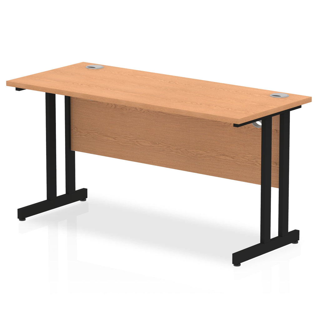 Rectangular desk with wood-effect top and metal frame on a white background