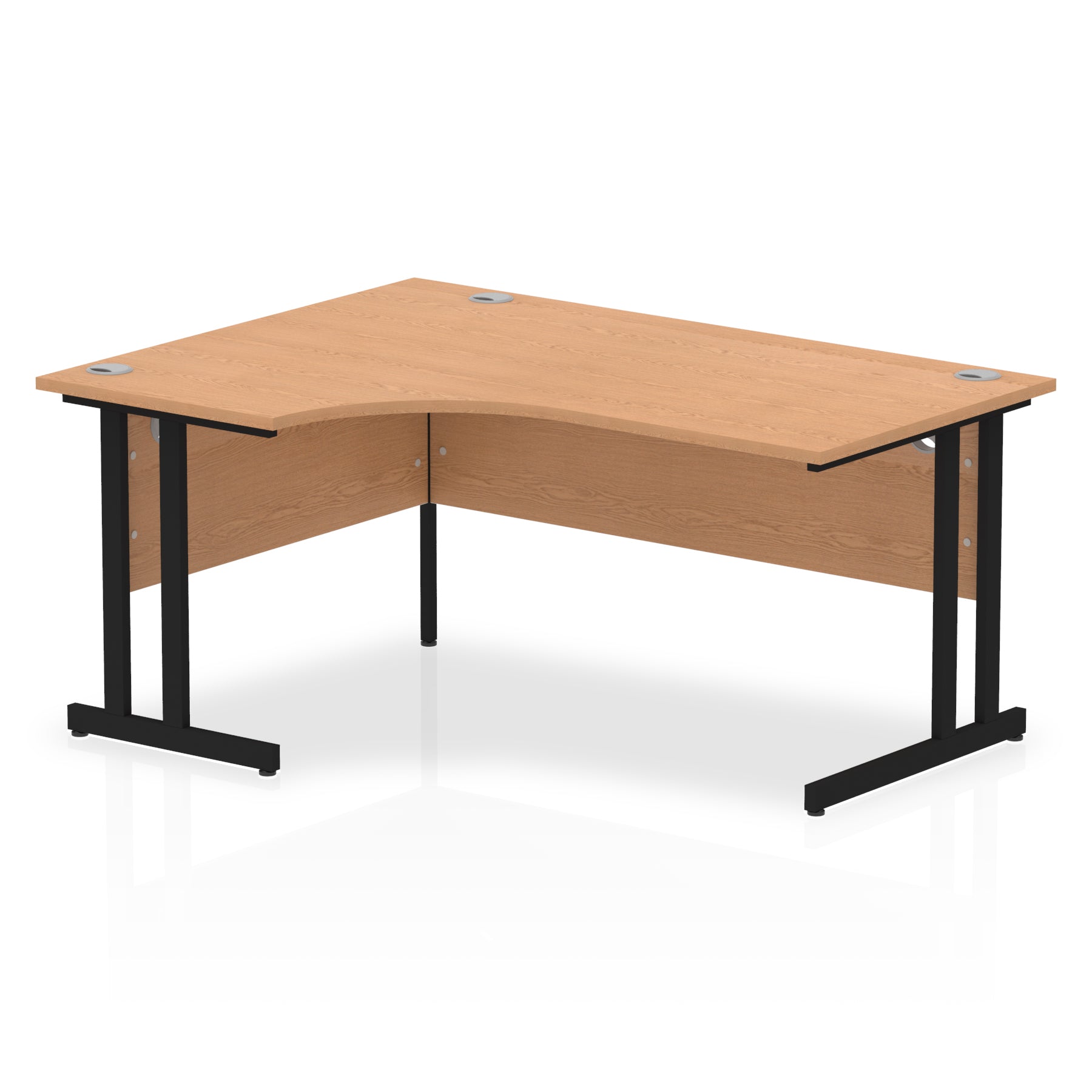  L-shaped desk with wood-effect top and metal legs on a white background