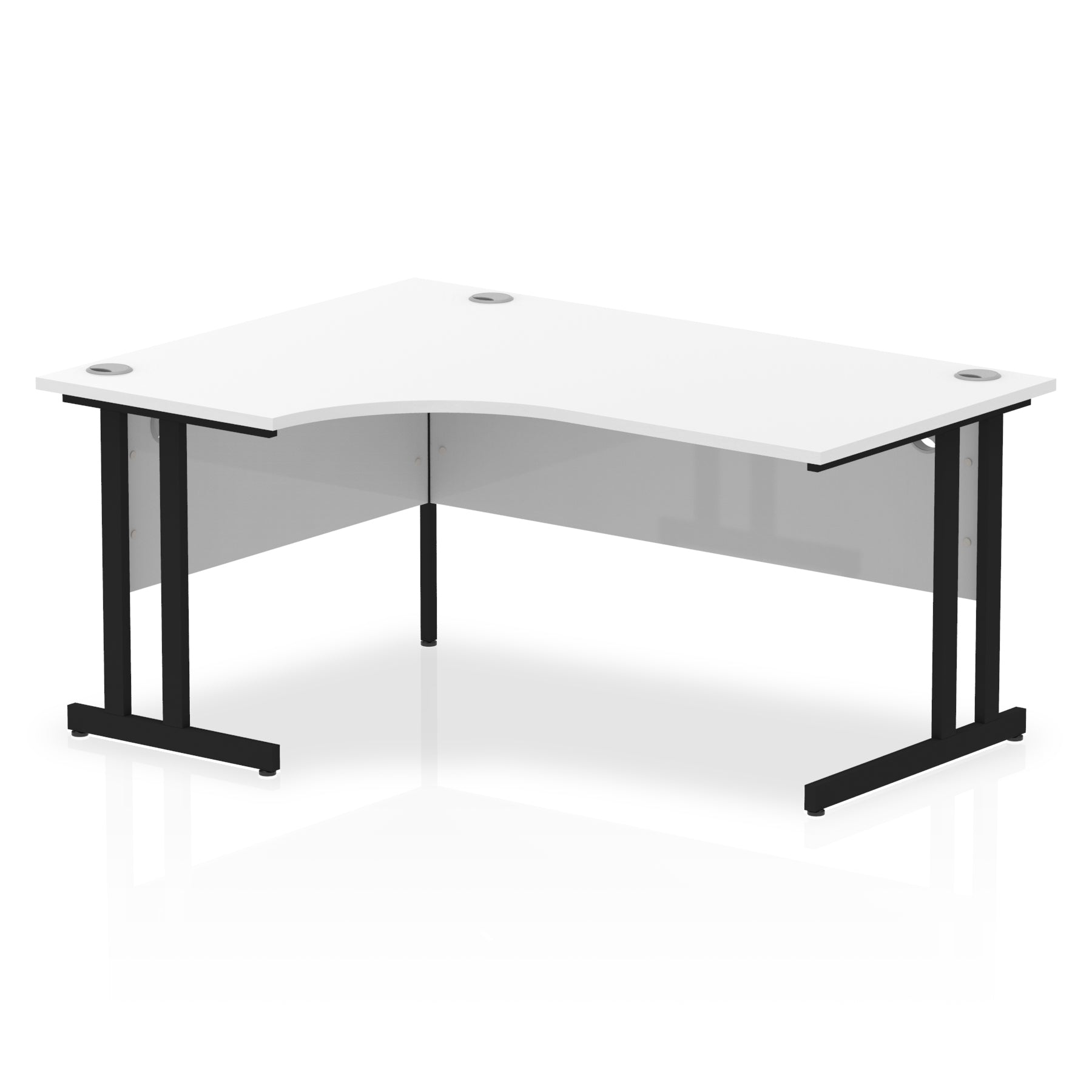  L-shaped desk with white top and metal legs on a white background
