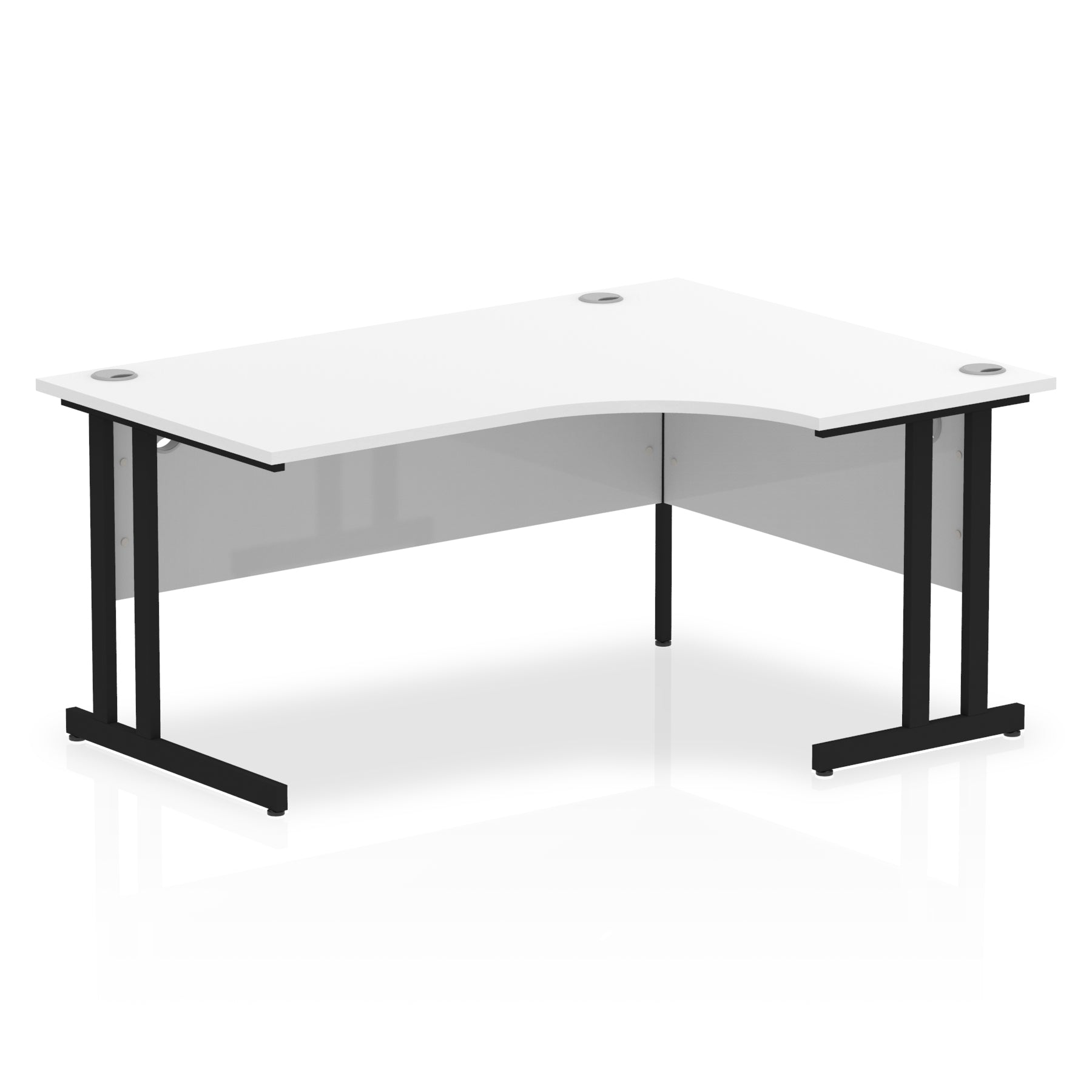 White L-shaped desk with metal legs on a white background