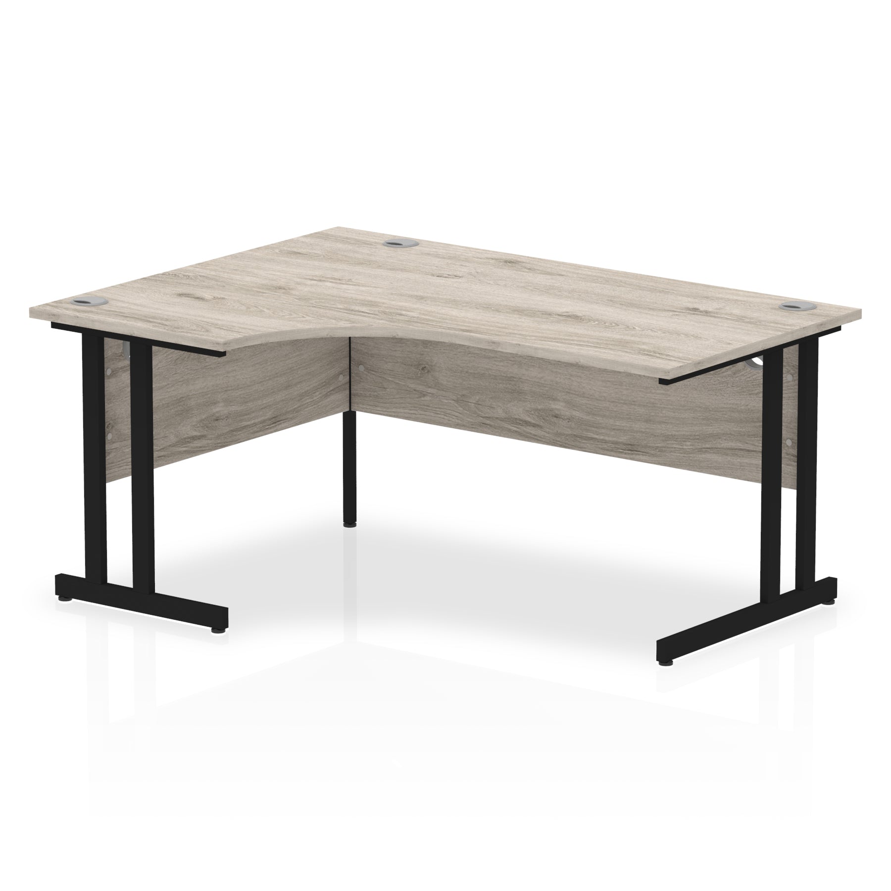 L-shaped desk with wood-effect top and metal legs on a white background