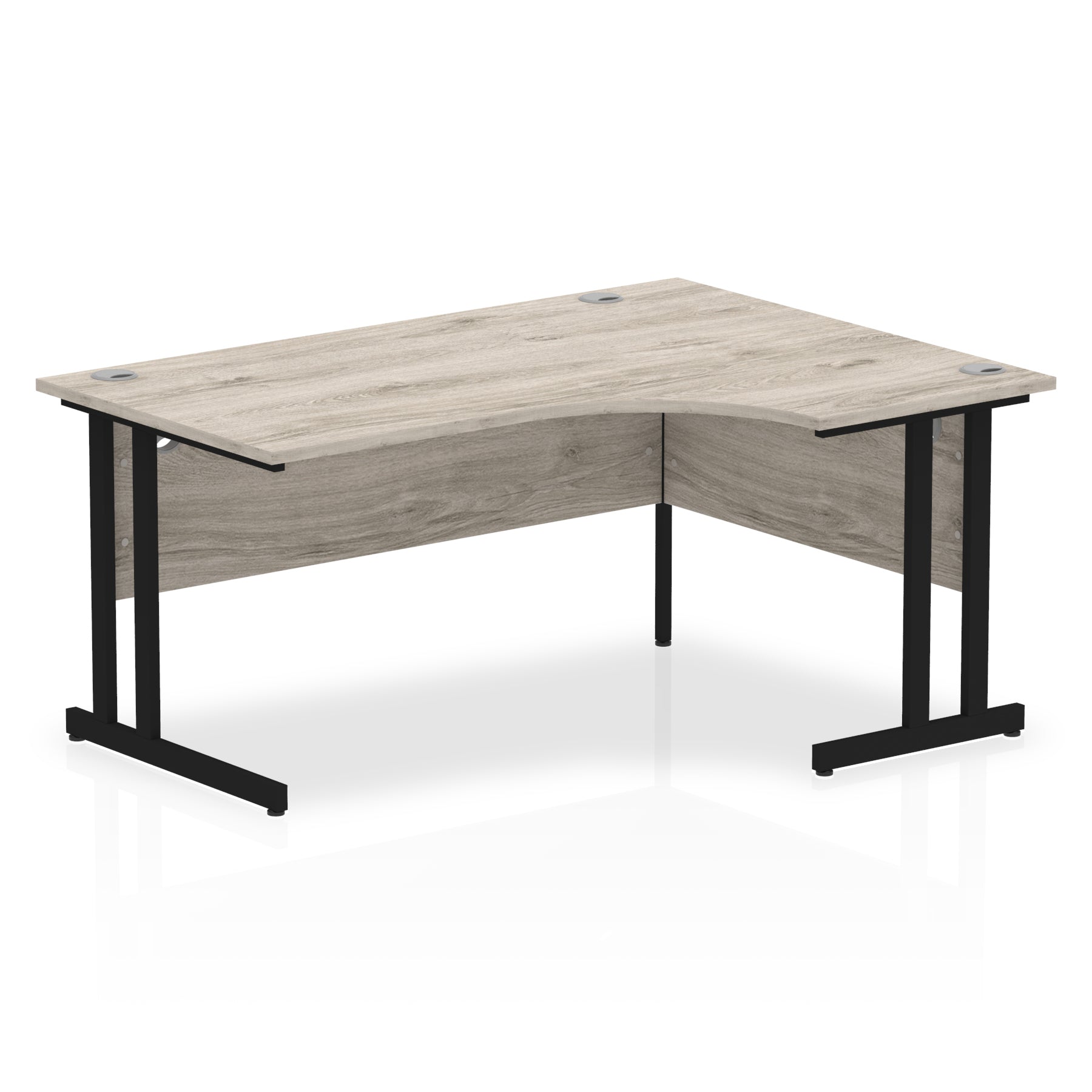 Wood-effect L-shaped desk with metal legs on a white background