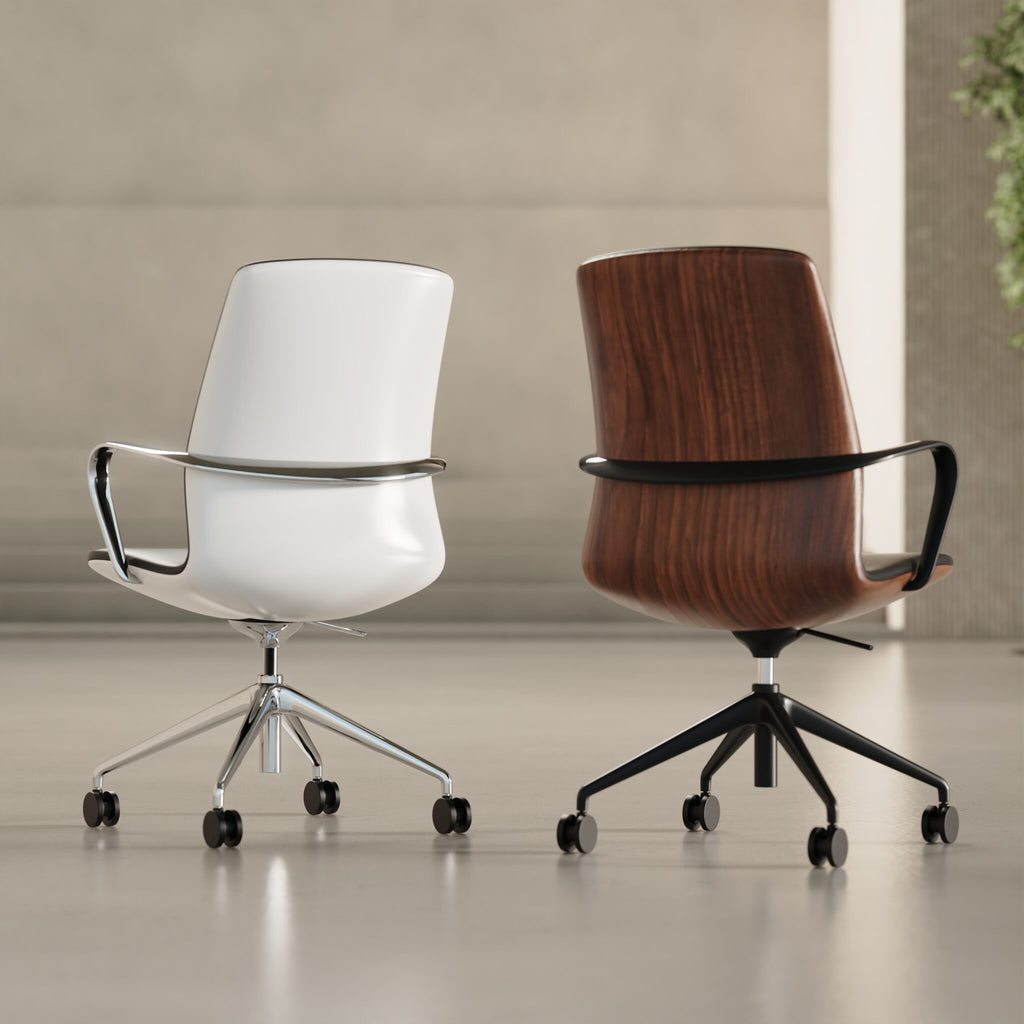 Two office chairs one with white back and one with wood-effect back on a grey background