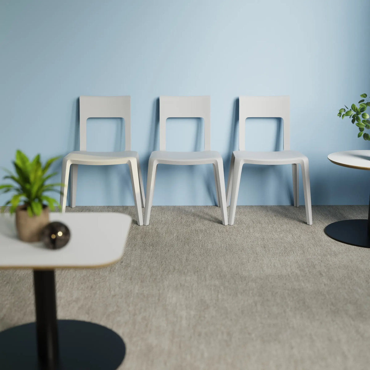 Three modern white plastic chairs lined up against a light blue wall in a minimalist room setting with a grey carpet.