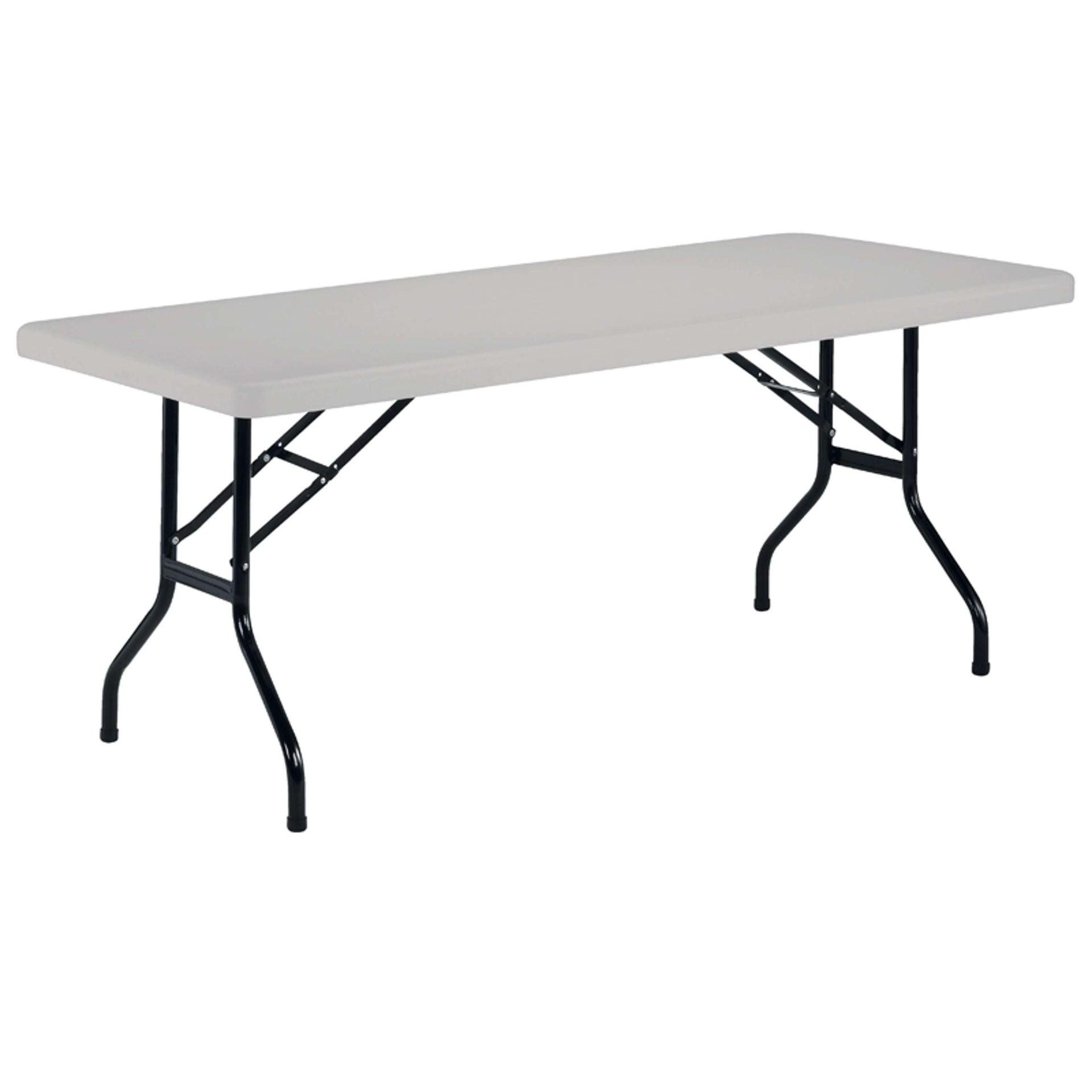White folding table with black metal legs on a white background