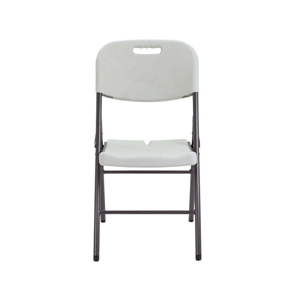 White folding chair with black frame on a white background