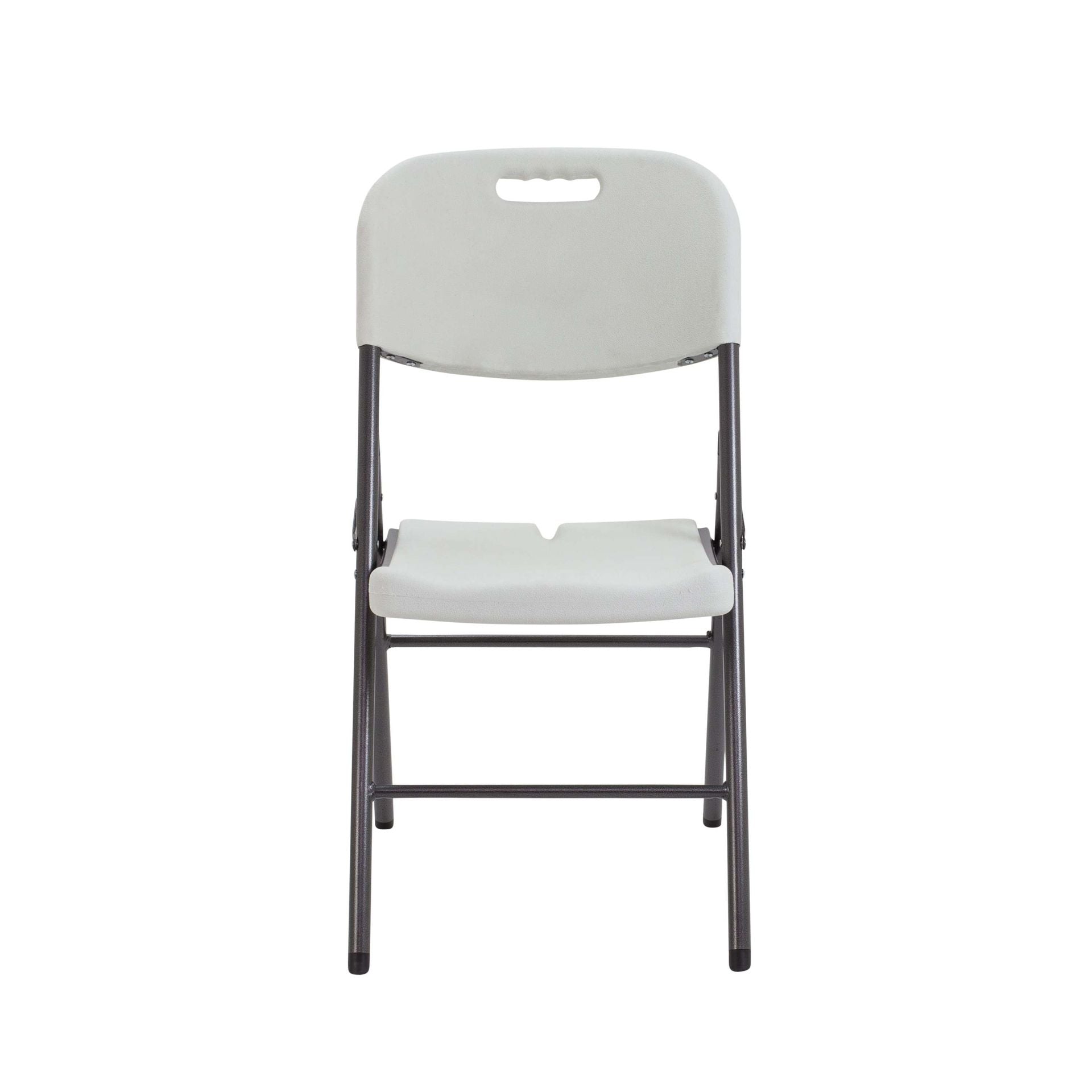 White folding chair with black frame on a white background