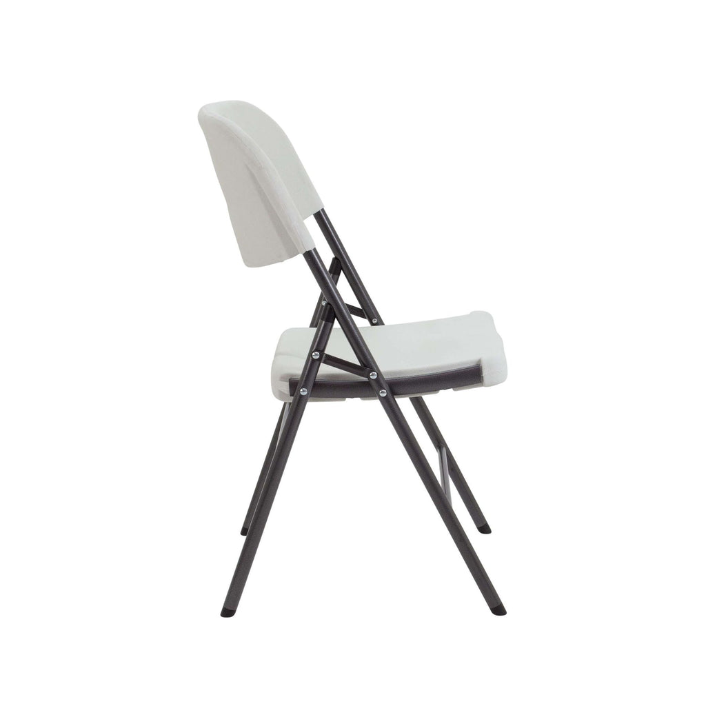 White folding chair with black legs on a white background