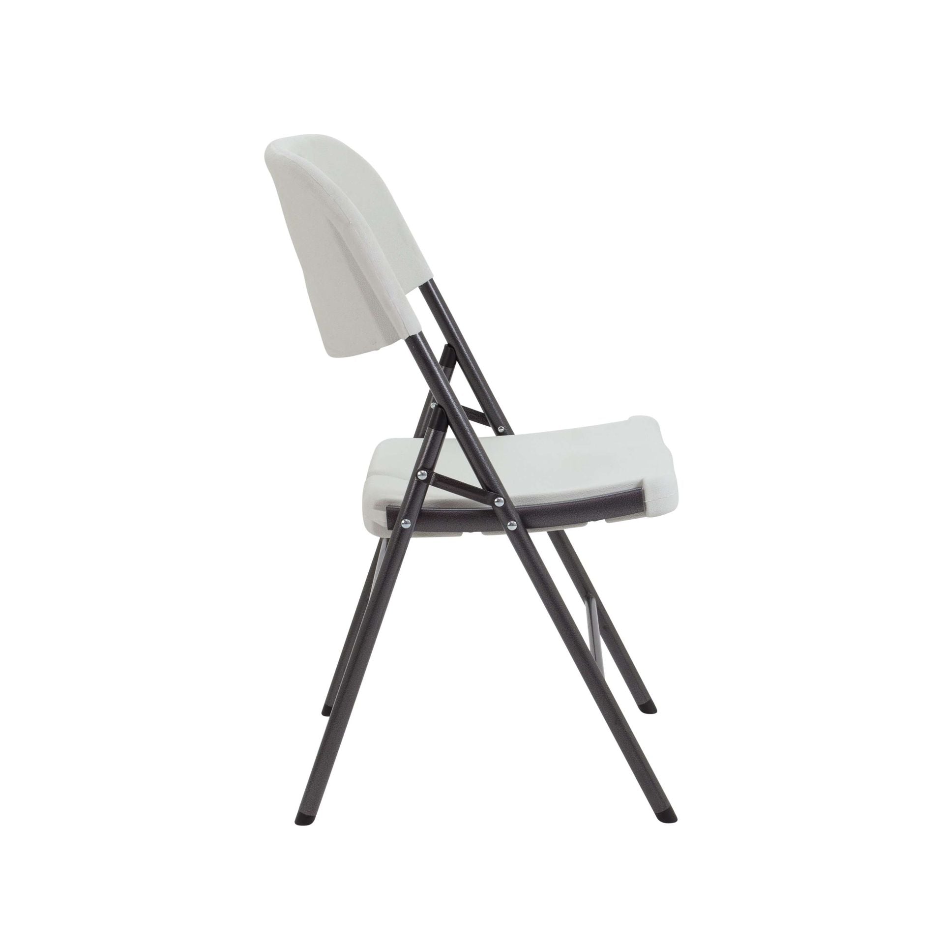 White folding chair with black legs on a white background