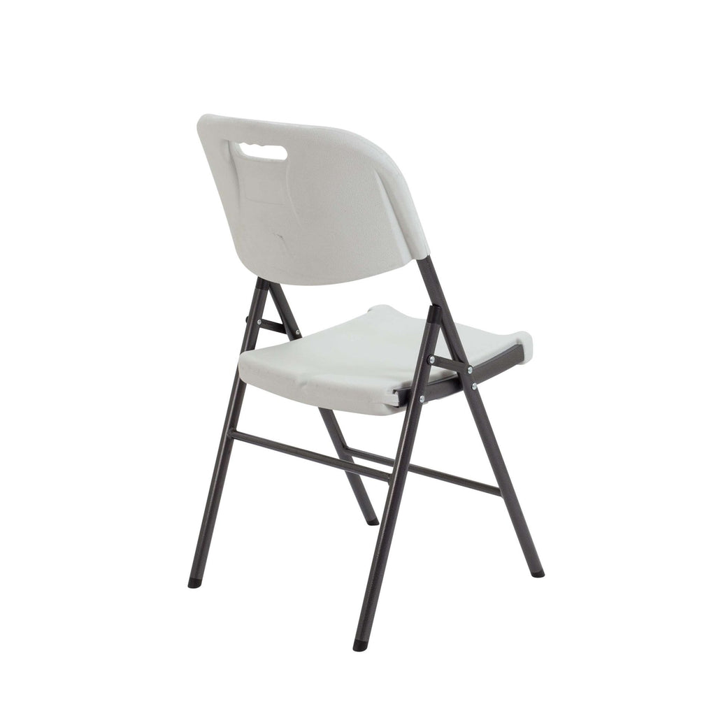 White folding chair with black metal frame on a white background