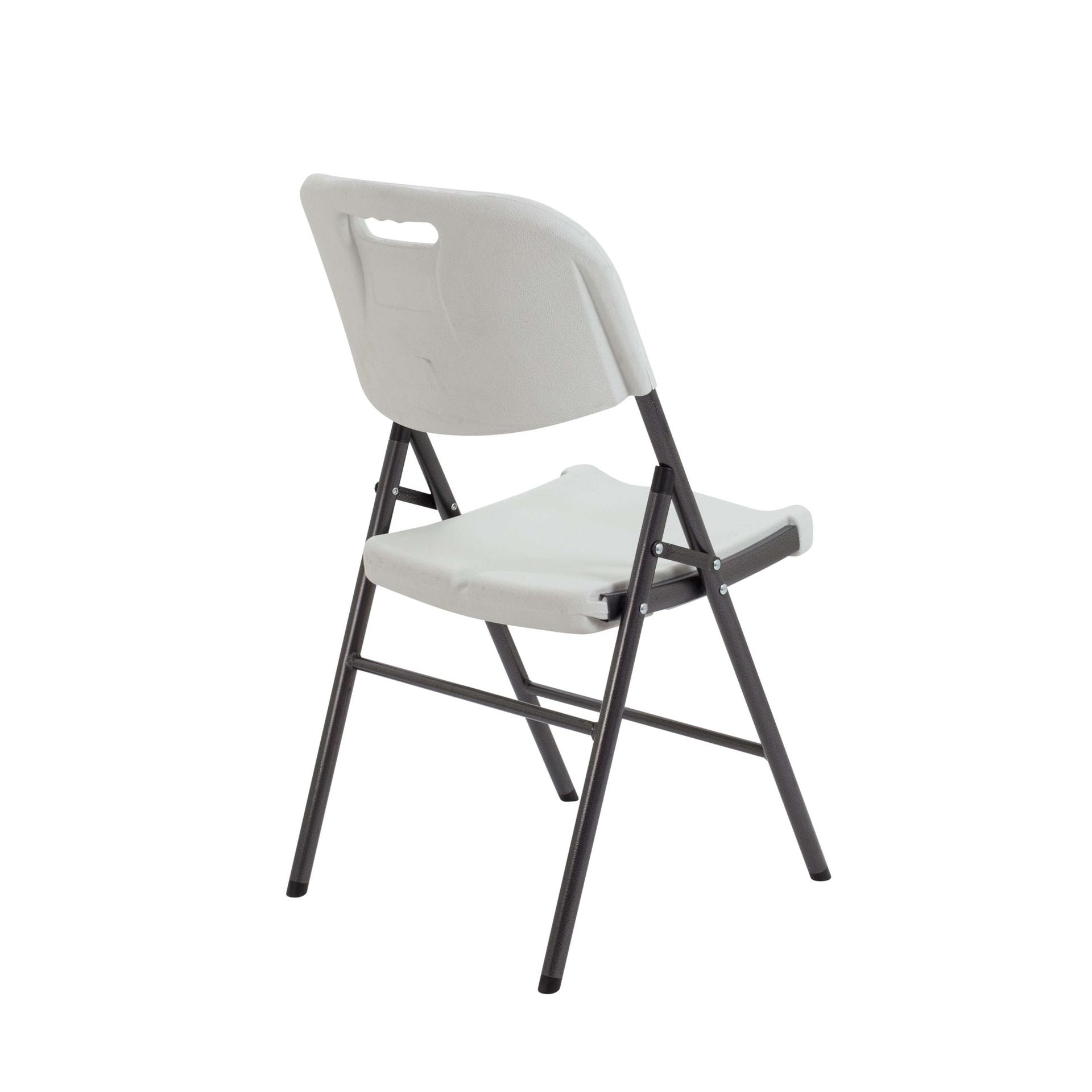 White folding chair with black metal frame on a white background
