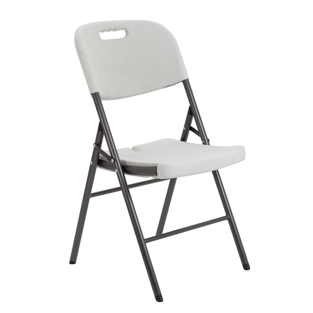 White folding chair with black frame on a white background