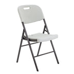 White folding chair with black frame on a white background