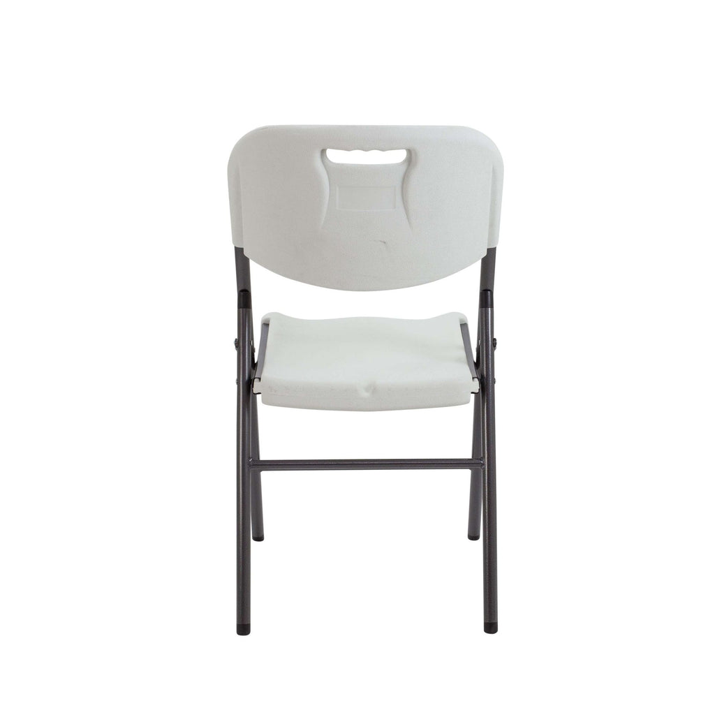White folding chair with black frame on a white background