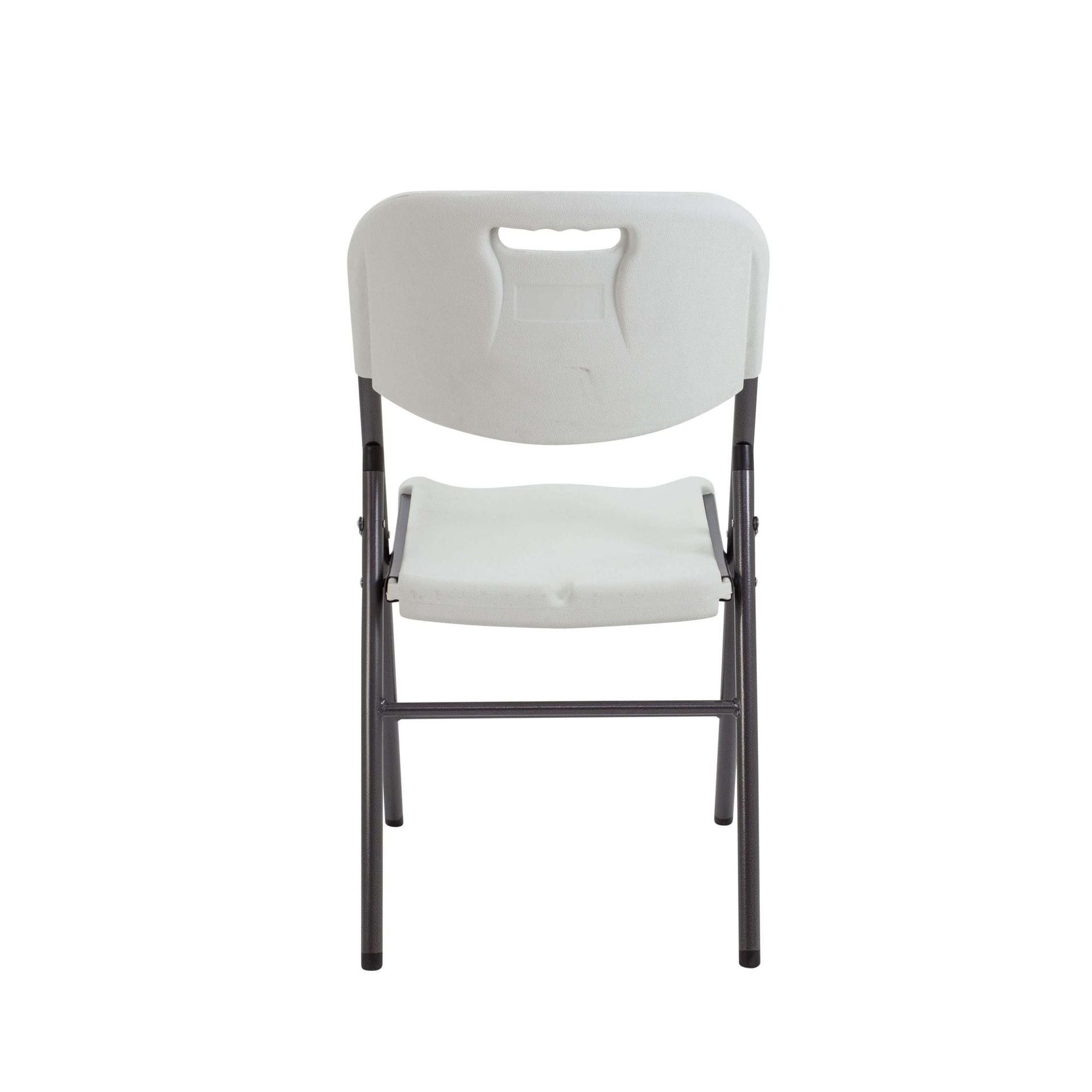 White folding chair with black frame on a white background