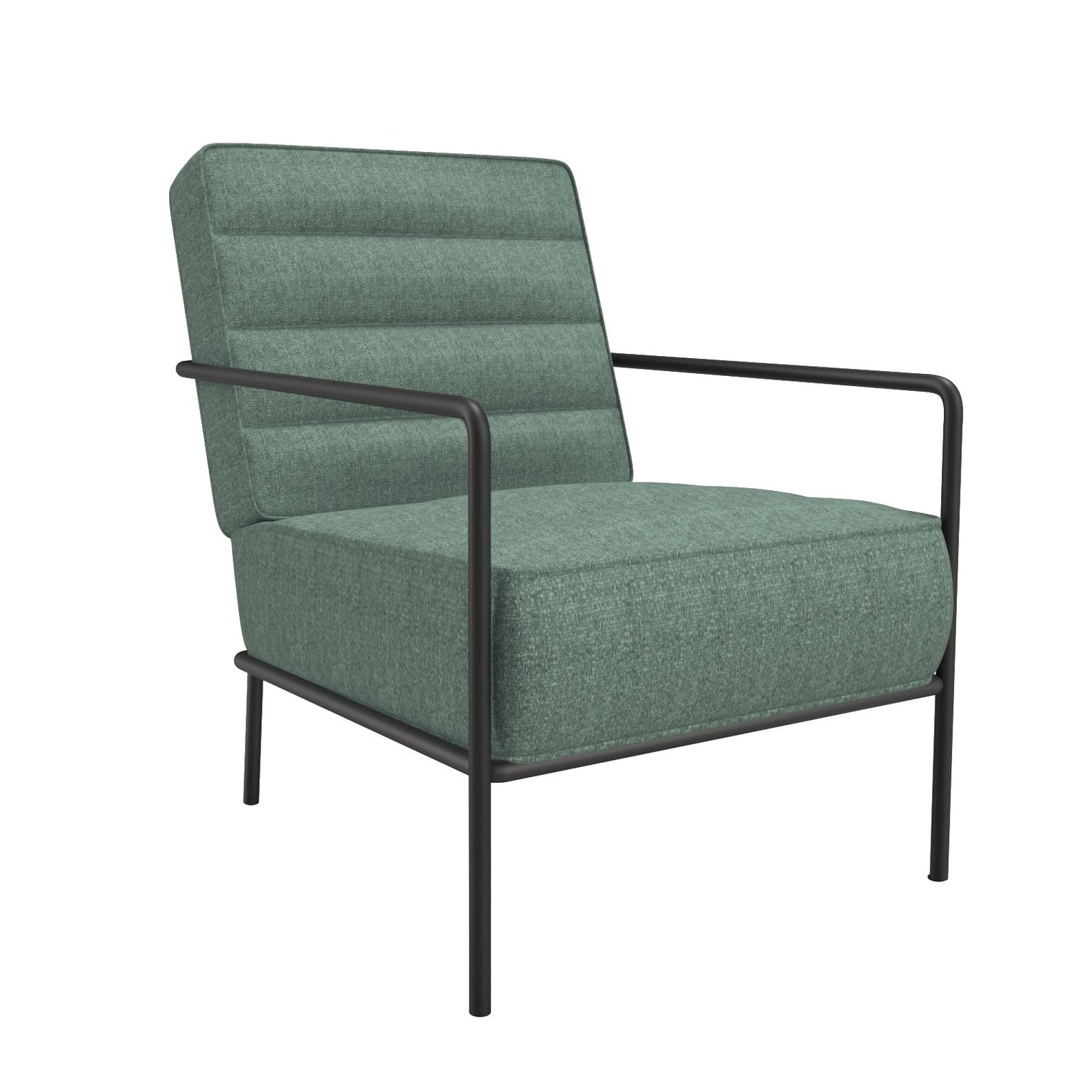 Green armchair with black metal frame on a white background