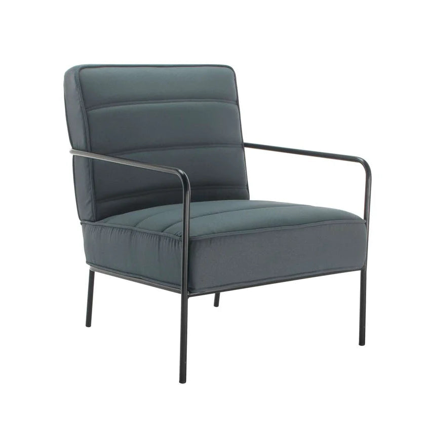 Grey armchair with black metal frame on a white background