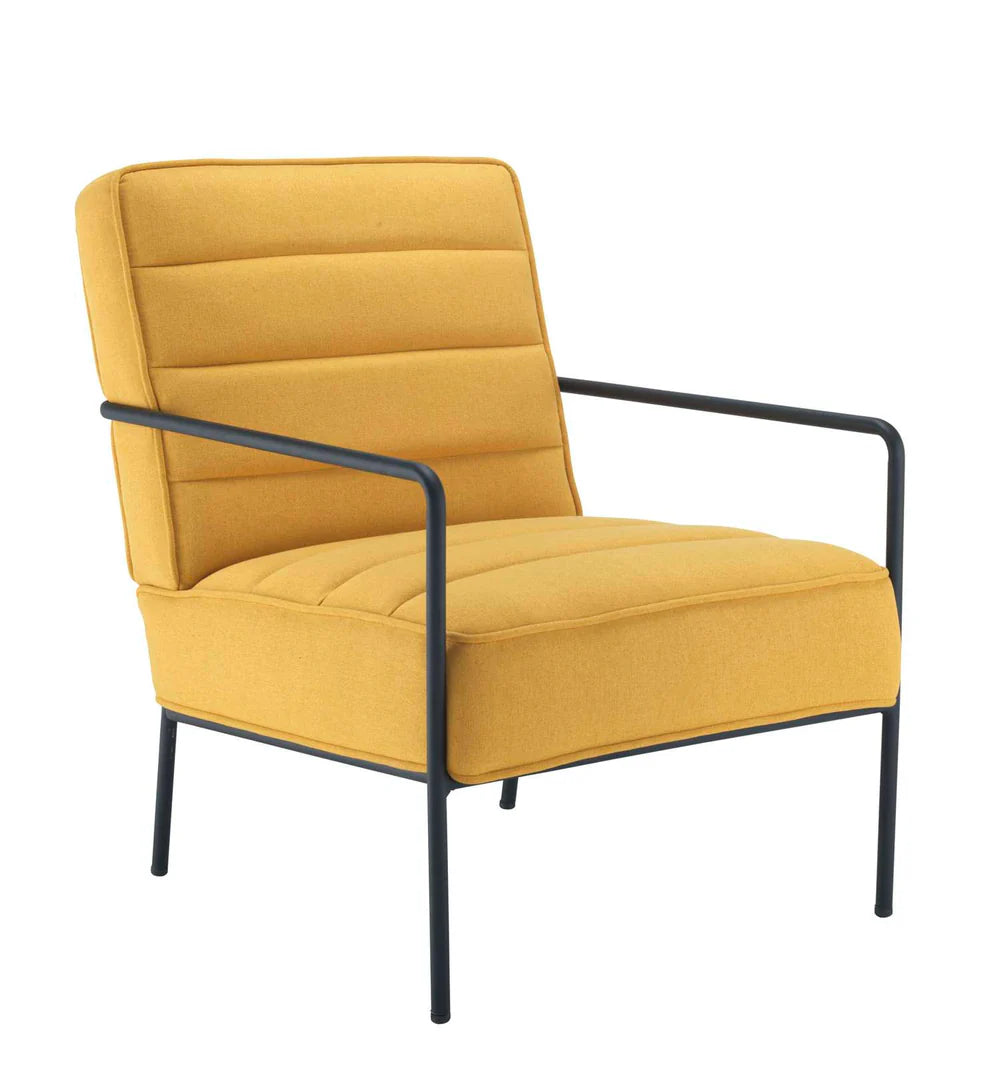 Yellow armchair with black metal frame on a white background