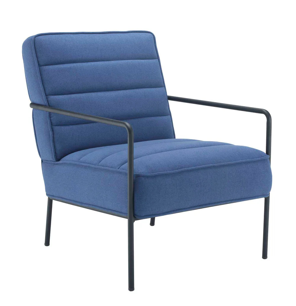 Blue armchair with black metal frame on a white background