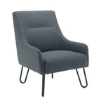 Grey upholstered chair with black hairpin legs on a white background