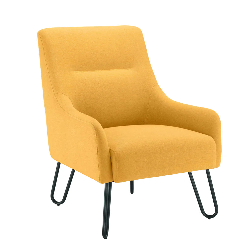 Yellow armchair with black hairpin legs on a white background